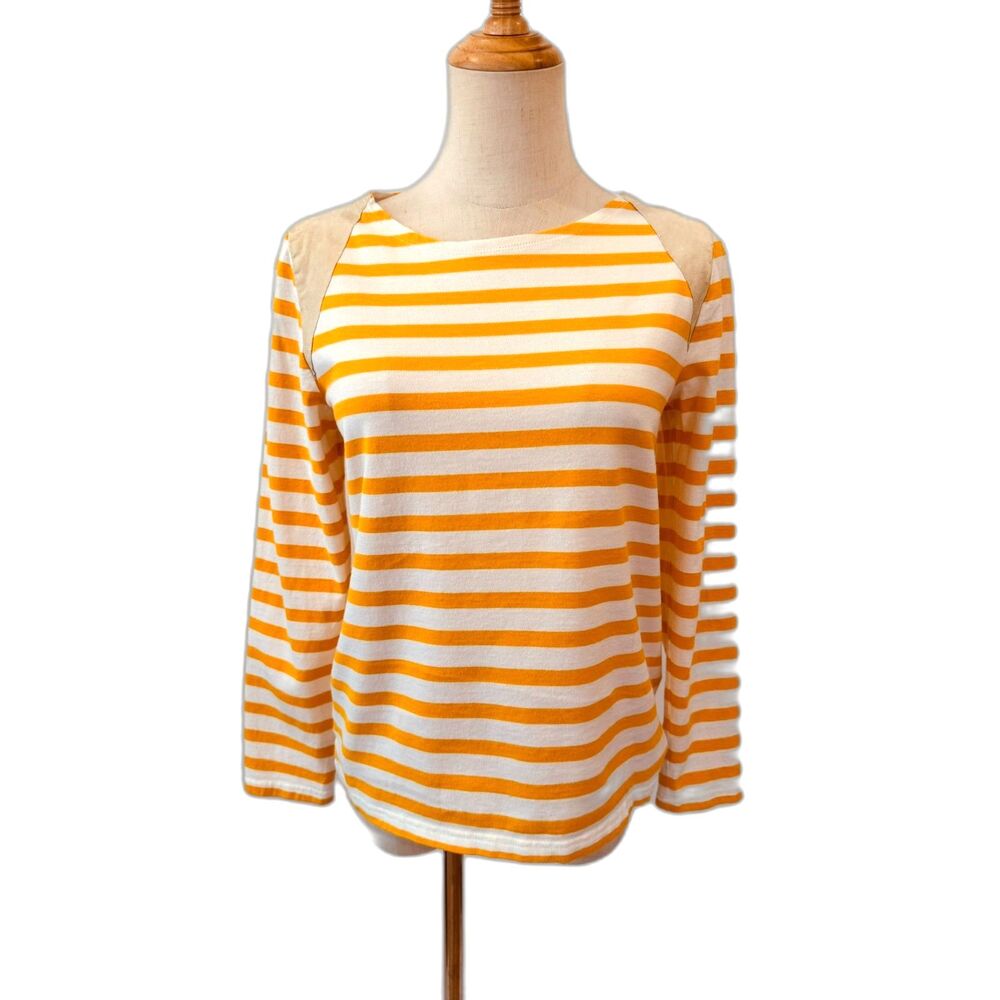 J.Crew Yellow Striped Top with Leather Suede Shoulder Patches Medium Cotton